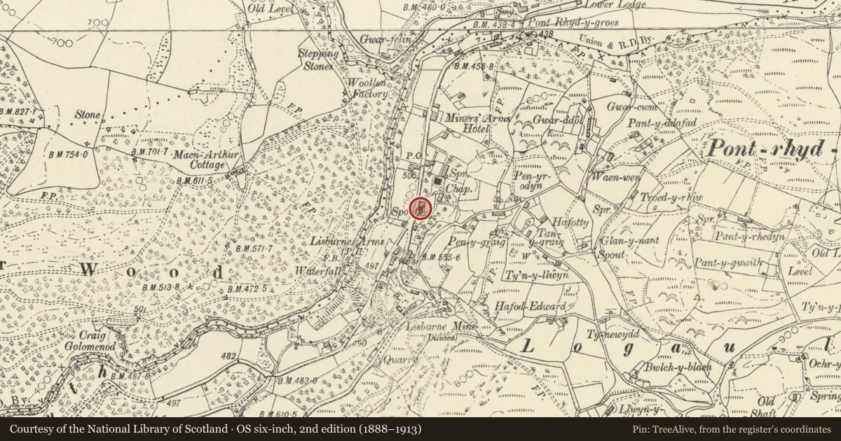 Ordnance Survey six-inch map, 2nd edition (1888–1913) covering the location of Telephone Call-box outside The Old Post Office, Ysbyty Ystwyth, Ceredigion, with a pin at the register's coordinates