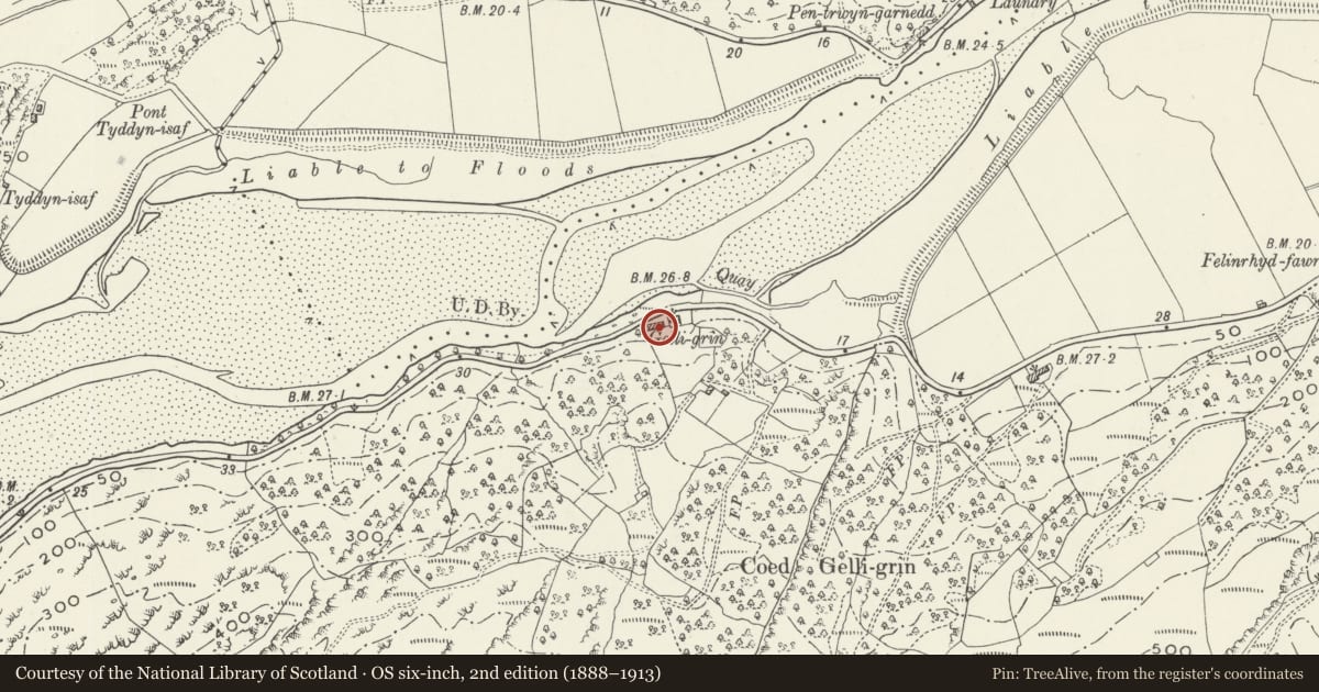 Ordnance Survey six-inch map, 2nd edition (1888–1913) covering the location of Agricultural range at Gelli Grin, Talsarnau, Gwynedd, with a pin at the register's coordinates