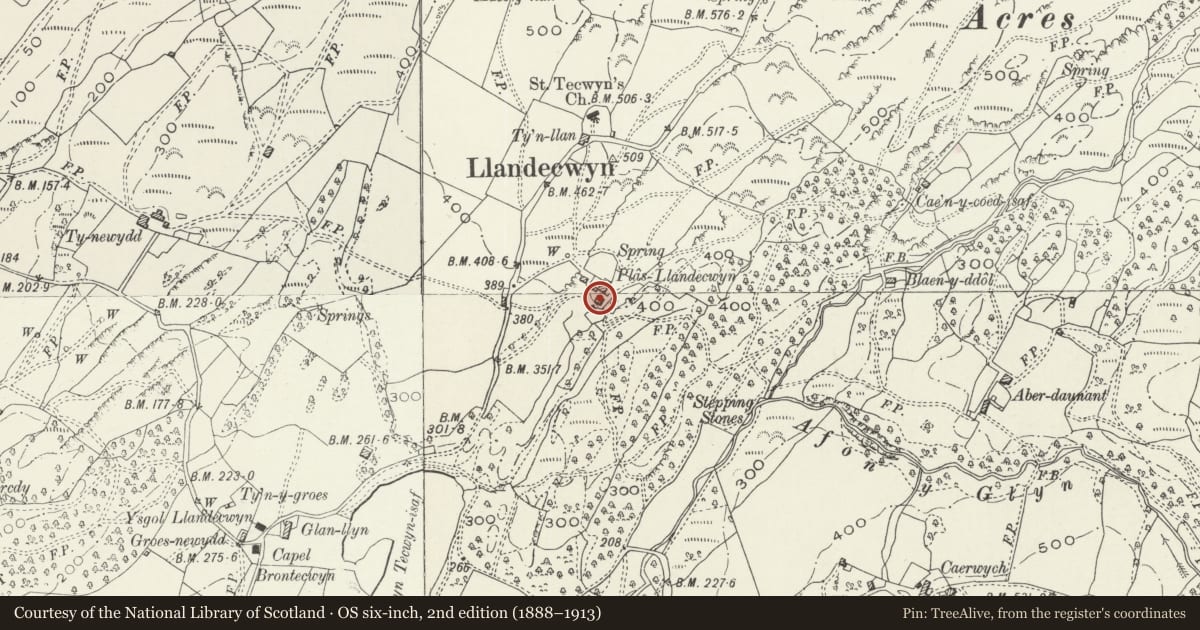 Ordnance Survey six-inch map, 2nd edition (1888–1913) covering the location of Agricultural range at Plas Llandecwyn, Talsarnau, Gwynedd, with a pin at the register's coordinates
