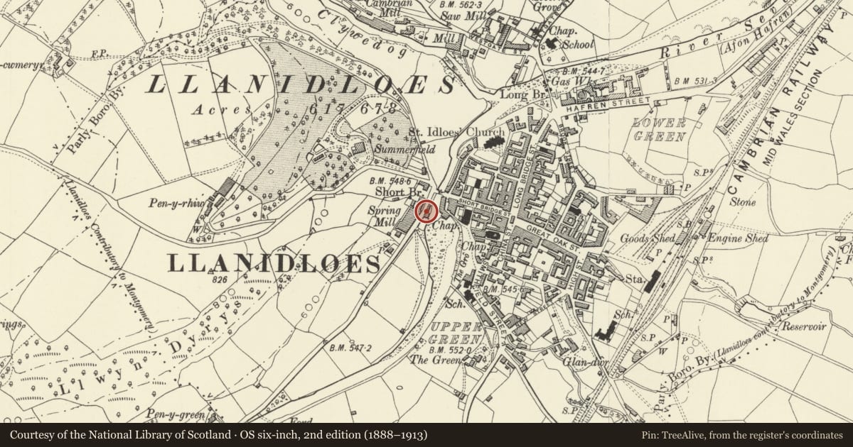 Ordnance Survey six-inch map, 2nd edition (1888–1913) covering the location of 4 Highgate Terrace, Llanidloes, Powys, with a pin at the register's coordinates