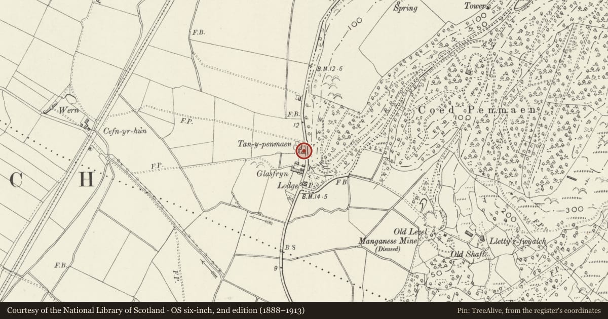 Ordnance Survey six-inch map, 2nd edition (1888–1913) covering the location of Outhouse at Tan-y-penmaen, Talsarnau, Gwynedd, with a pin at the register's coordinates