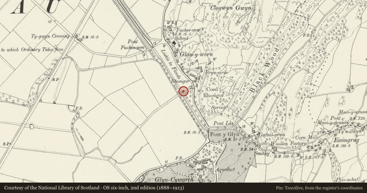 Ordnance Survey six-inch map, 2nd edition (1888–1913) covering the location of Bridge to SW of Rhosigor, Talsarnau, Gwynedd, with a pin at the register's coordinates