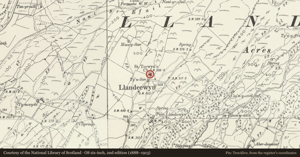 Ordnance Survey six-inch map, 2nd edition (1888–1913) covering the location of Church of St Tecwyn, Talsarnau, Gwynedd, with a pin at the register's coordinates