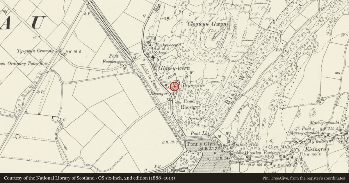 Ordnance Survey six-inch map, 2nd edition (1888–1913) covering the location of Cornbarn and stable ranges at Rhosigor, Talsarnau, Gwynedd, with a pin at the register's coordinates