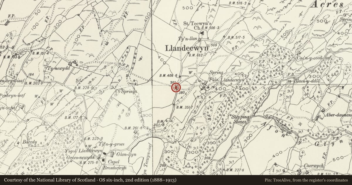 Ordnance Survey six-inch map, 2nd edition (1888–1913) covering the location of Field barn at Plas Llandecwyn, Talsarnau, Gwynedd, with a pin at the register's coordinates