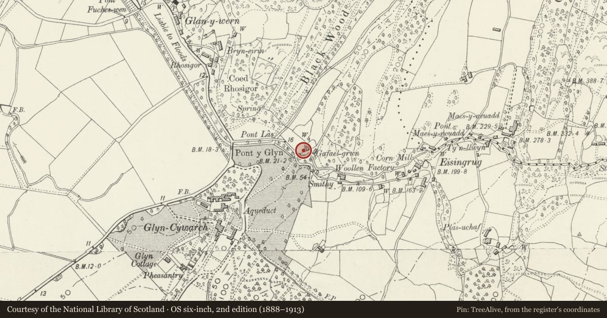 Ordnance Survey six-inch map, 2nd edition (1888–1913) covering the location of Gateposts and gates at Gefail y Cwm, Talsarnau, Gwynedd, with a pin at the register's coordinates