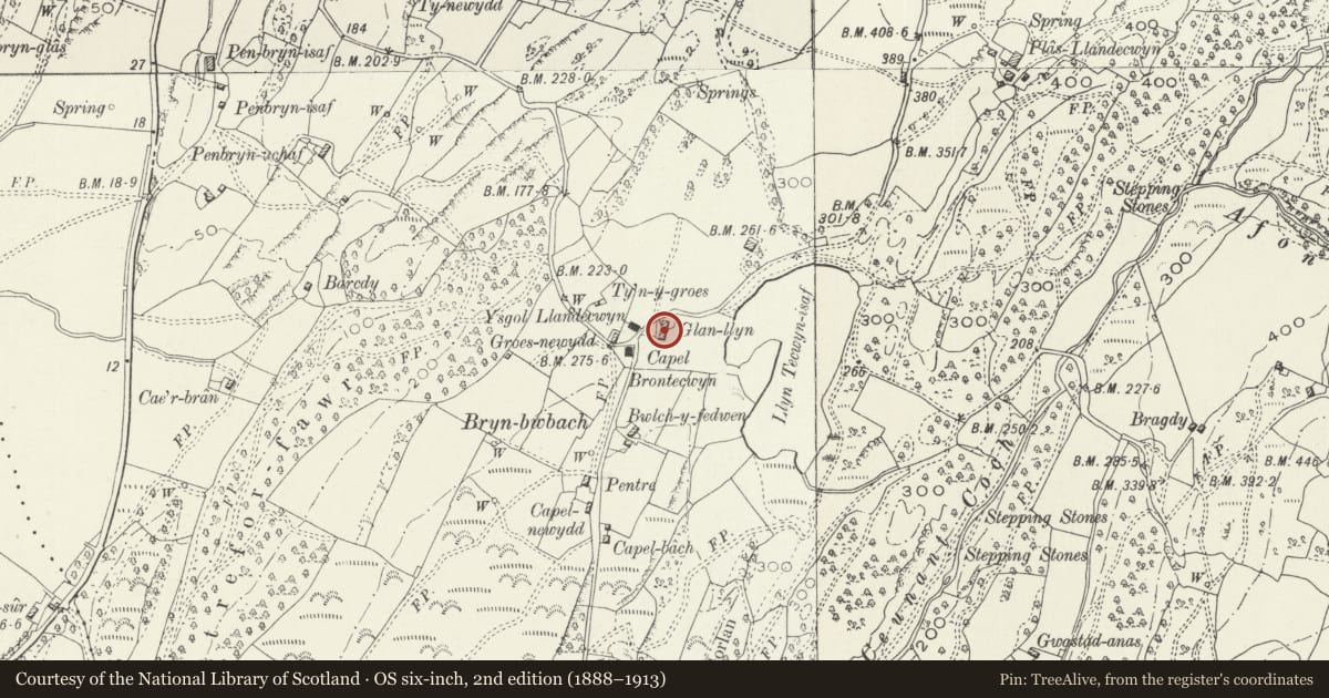 Ordnance Survey six-inch map, 2nd edition (1888–1913) covering the location of Glanllyn Cottage, Talsarnau, Gwynedd, with a pin at the register's coordinates