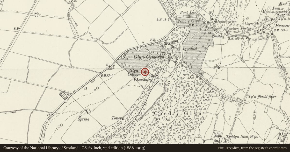 Ordnance Survey six-inch map, 2nd edition (1888–1913) covering the location of Glyn Cottage, Talsarnau, Gwynedd, with a pin at the register's coordinates