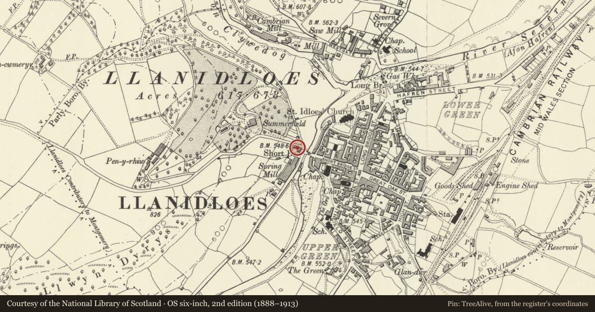 Ordnance Survey six-inch map, 2nd edition (1888–1913) covering the location of Upper White House, Llanidloes, Powys, with a pin at the register's coordinates