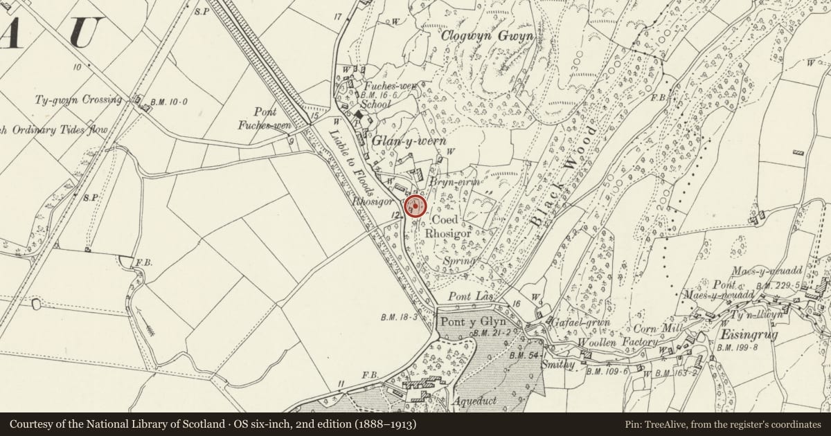 Ordnance Survey six-inch map, 2nd edition (1888–1913) covering the location of Haybarn at Rhosigor, Talsarnau, Gwynedd, with a pin at the register's coordinates