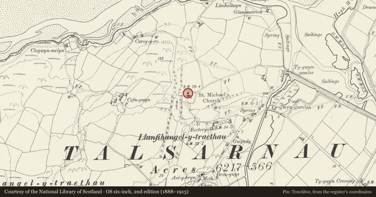 Ordnance Survey six-inch map, 2nd edition (1888–1913) covering the location of Inscribed stone pillar at Church of St Michael, Talsarnau, Gwynedd, with a pin at the register's coordinates