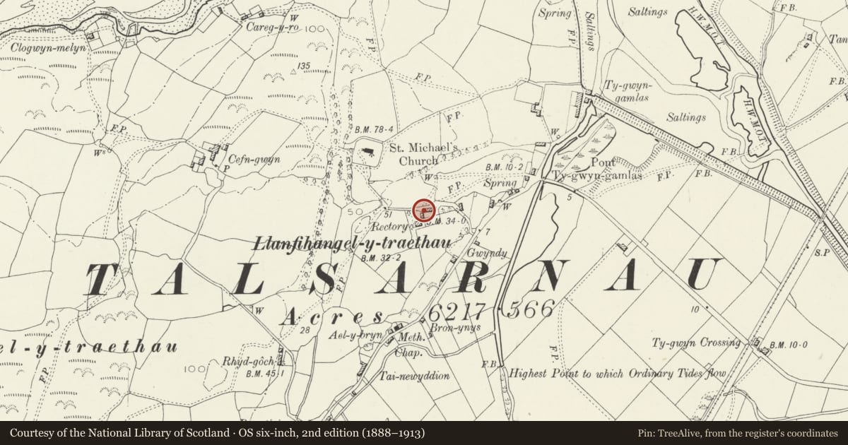 Ordnance Survey six-inch map, 2nd edition (1888–1913) covering the location of Lofted cartshed at Tyddyn Eglwys, Talsarnau, Gwynedd, with a pin at the register's coordinates
