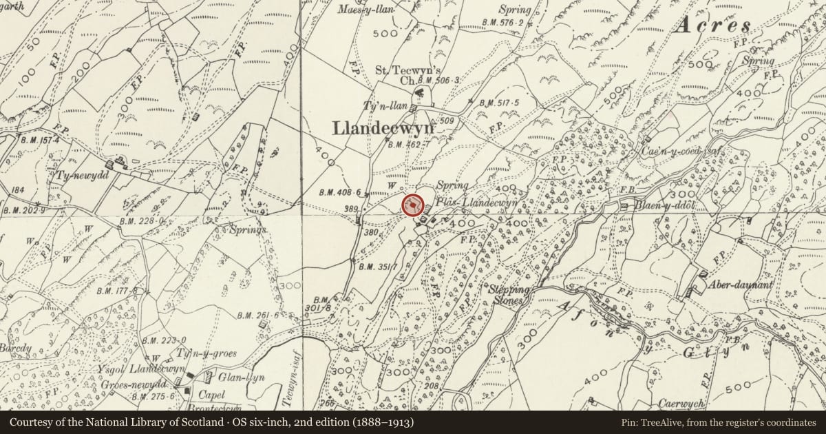 Ordnance Survey six-inch map, 2nd edition (1888–1913) covering the location of Lofted stable and cartshed at Plas Llandecwyn, Talsarnau, Gwynedd, with a pin at the register's coordinates