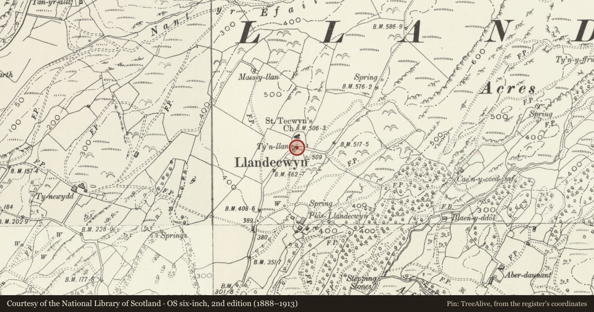 Ordnance Survey six-inch map, 2nd edition (1888–1913) covering the location of Lychgate and churchyard walls, Church of St Tecwyn, Talsarnau, Gwynedd, with a pin at the register's coordinates