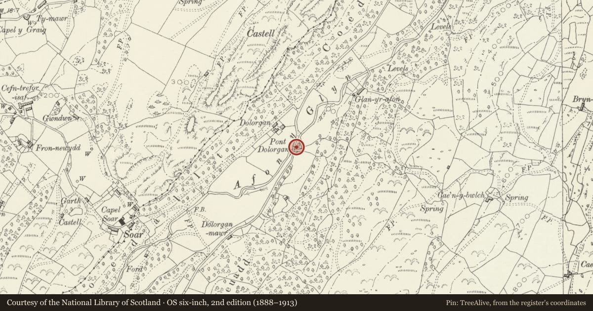 Ordnance Survey six-inch map, 2nd edition (1888–1913) covering the location of Pont Dolorgan, Talsarnau, Gwynedd, with a pin at the register's coordinates