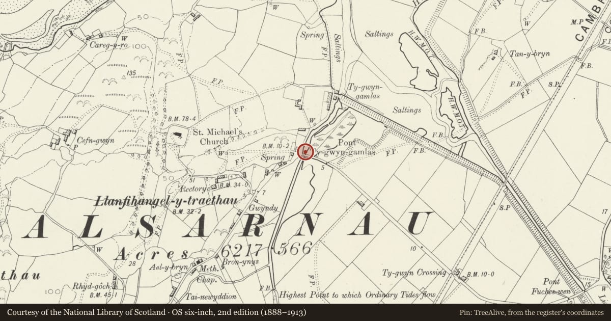 Ordnance Survey six-inch map, 2nd edition (1888–1913) covering the location of Pont Ty-gwyn gamlas, Talsarnau, Gwynedd, with a pin at the register's coordinates