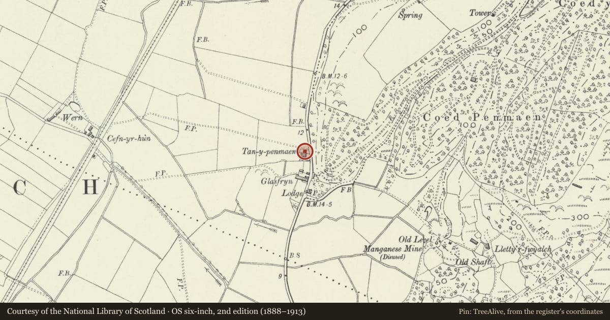 Ordnance Survey six-inch map, 2nd edition (1888–1913) covering the location of Tan-y-penmaen, Talsarnau, Gwynedd, with a pin at the register's coordinates