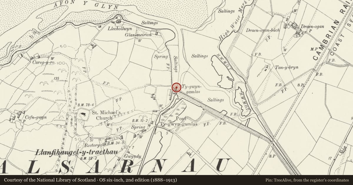 Ordnance Survey six-inch map, 2nd edition (1888–1913) covering the location of Ty Gwyn Mawr, Talsarnau, Gwynedd, with a pin at the register's coordinates