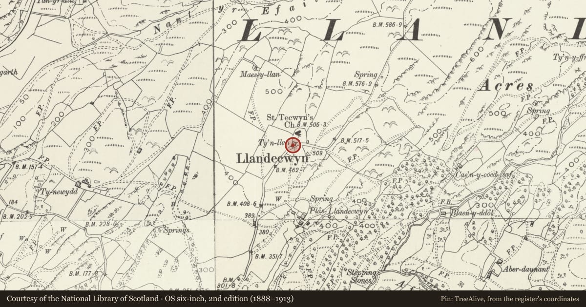 Ordnance Survey six-inch map, 2nd edition (1888–1913) covering the location of Ty'n Llan, Talsarnau, Gwynedd, with a pin at the register's coordinates