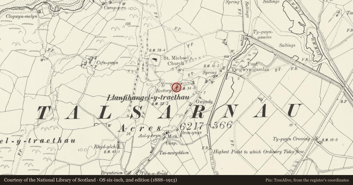 Ordnance Survey six-inch map, 2nd edition (1888–1913) covering the location of Tyddyn Eglwys, Talsarnau, Gwynedd, with a pin at the register's coordinates