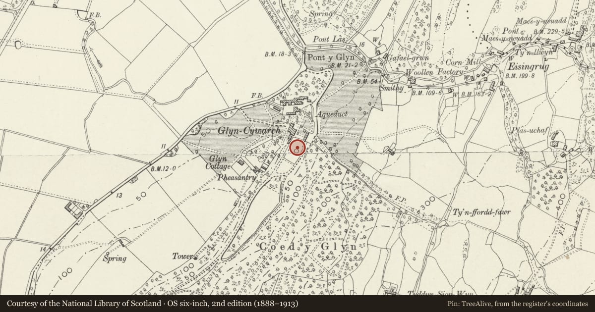 Ordnance Survey six-inch map, 2nd edition (1888–1913) covering the location of Walled garden at Glyn Cywarch, Talsarnau, Gwynedd, with a pin at the register's coordinates
