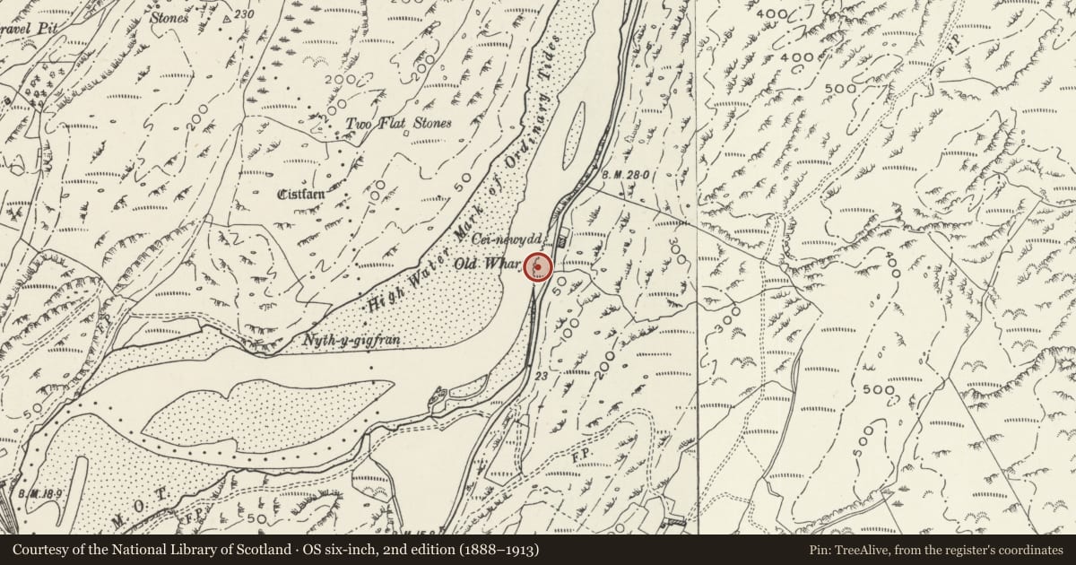 Ordnance Survey six-inch map, 2nd edition (1888–1913) covering the location of Wharf at Cei Newydd, Talsarnau, Gwynedd, with a pin at the register's coordinates