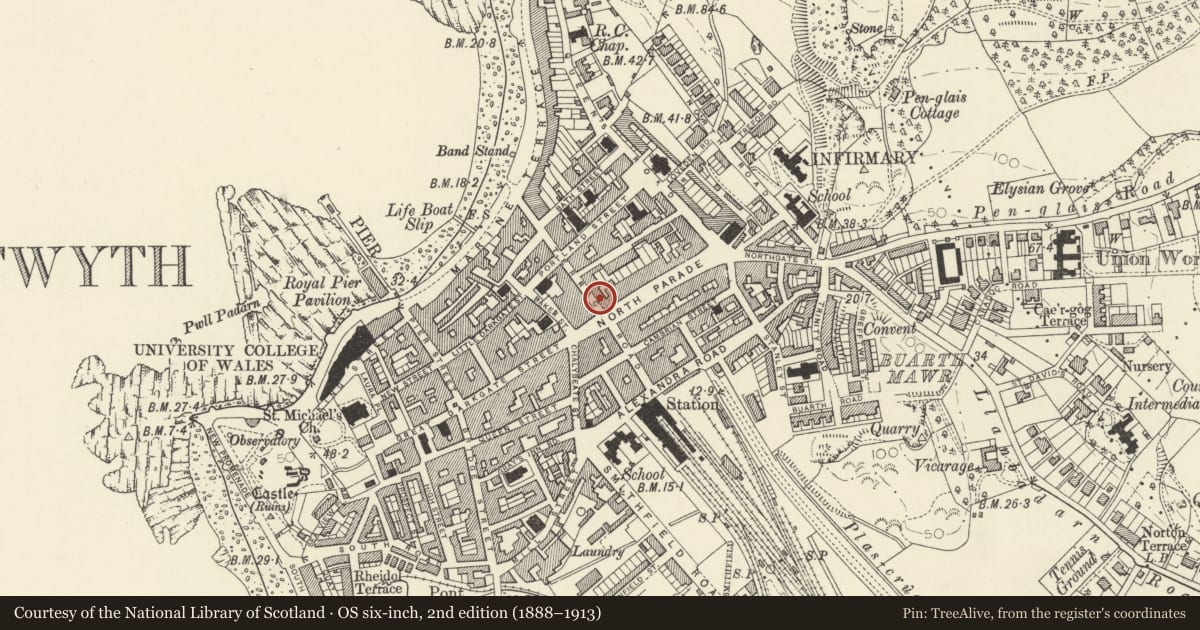 Ordnance Survey six-inch map, 2nd edition (1888–1913) covering the location of Burtons Building, Aberystwyth, Ceredigion, with a pin at the register's coordinates