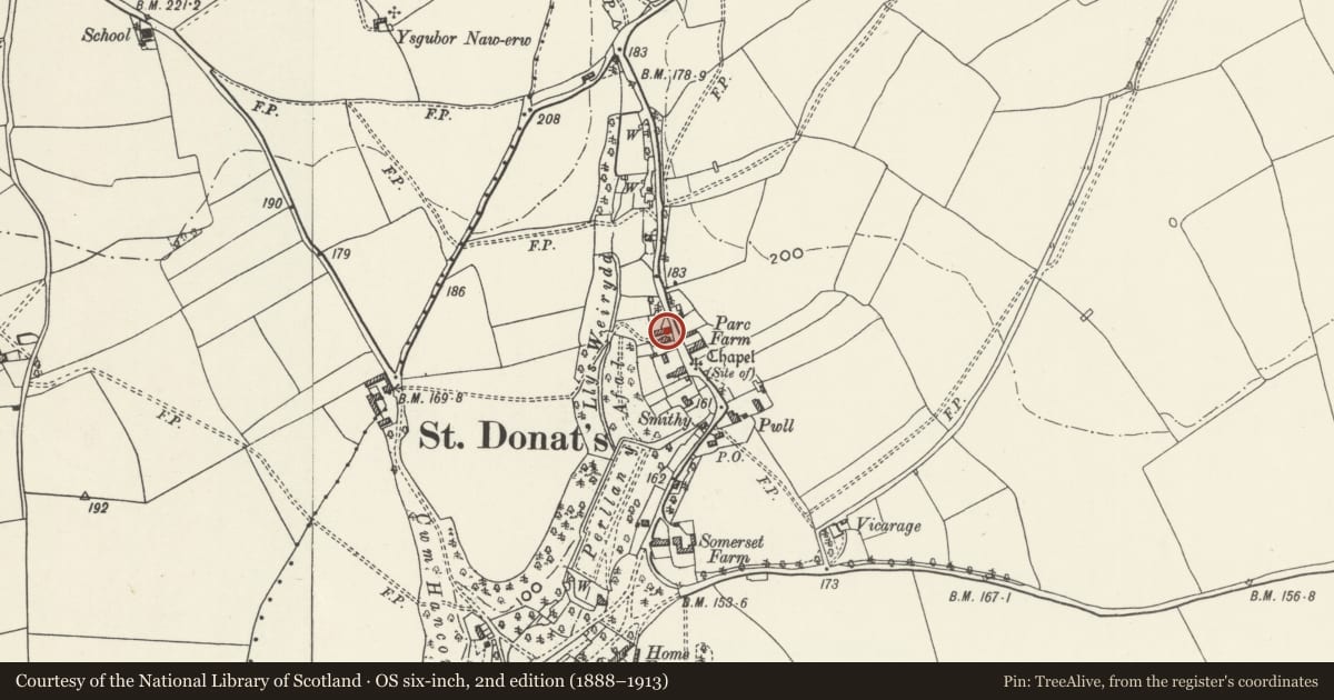 Ordnance Survey six-inch map, 2nd edition (1888–1913) covering the location of Cartref, St. Donats, Vale of Glamorgan, with a pin at the register's coordinates