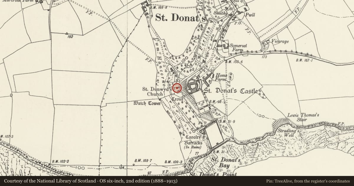 Ordnance Survey six-inch map, 2nd edition (1888–1913) covering the location of Churchyard Wall of Church of St Donat, including Railings and Gates, St. Donats, Vale of Glamorgan, with a pin at the register's coordinates
