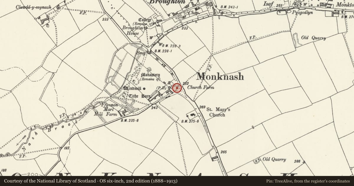 Ordnance Survey six-inch map, 2nd edition (1888–1913) covering the location of Garden Wall of Church Farmhouse, St. Donats, Vale of Glamorgan, with a pin at the register's coordinates