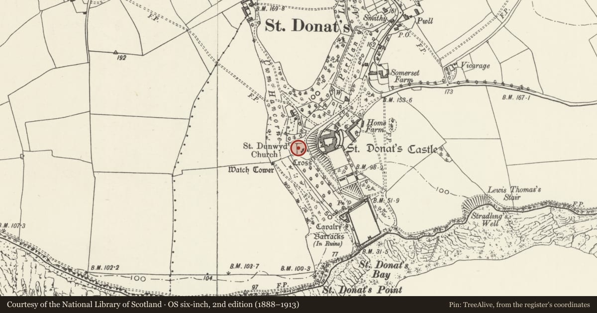 Ordnance Survey six-inch map, 2nd edition (1888–1913) covering the location of Nicholl-Carne Memorial Cross in Churchyard of Church of St Donat, St. Donats, Vale of Glamorgan, with a pin at the register's coordinates