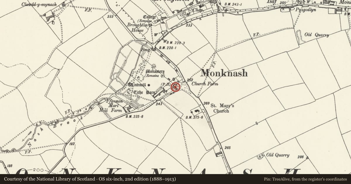 Ordnance Survey six-inch map, 2nd edition (1888–1913) covering the location of Outhouse Range to south of Church Farmhouse, St. Donats, Vale of Glamorgan, with a pin at the register's coordinates