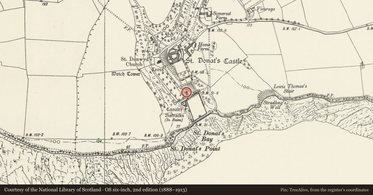 Ordnance Survey six-inch map, 2nd edition (1888–1913) covering the location of Sundial at St Donat's Castle, St. Donats, Vale of Glamorgan, with a pin at the register's coordinates