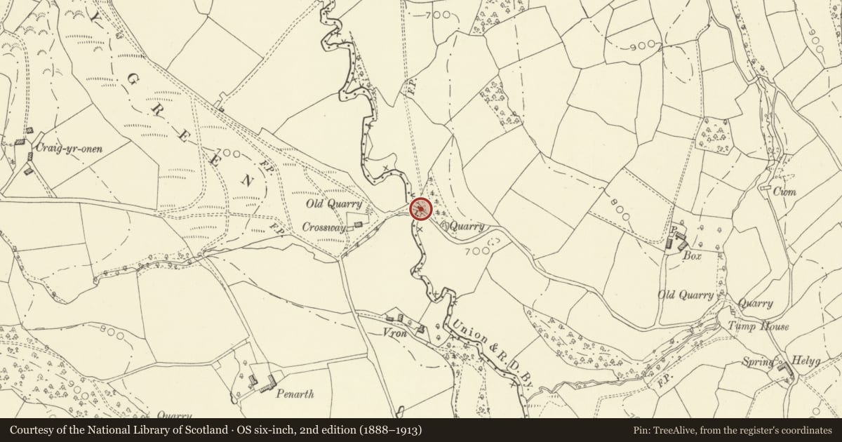 Ordnance Survey six-inch map, 2nd edition (1888–1913) covering the location of Road bridge E of Crossway, Glascwm, Powys, with a pin at the register's coordinates