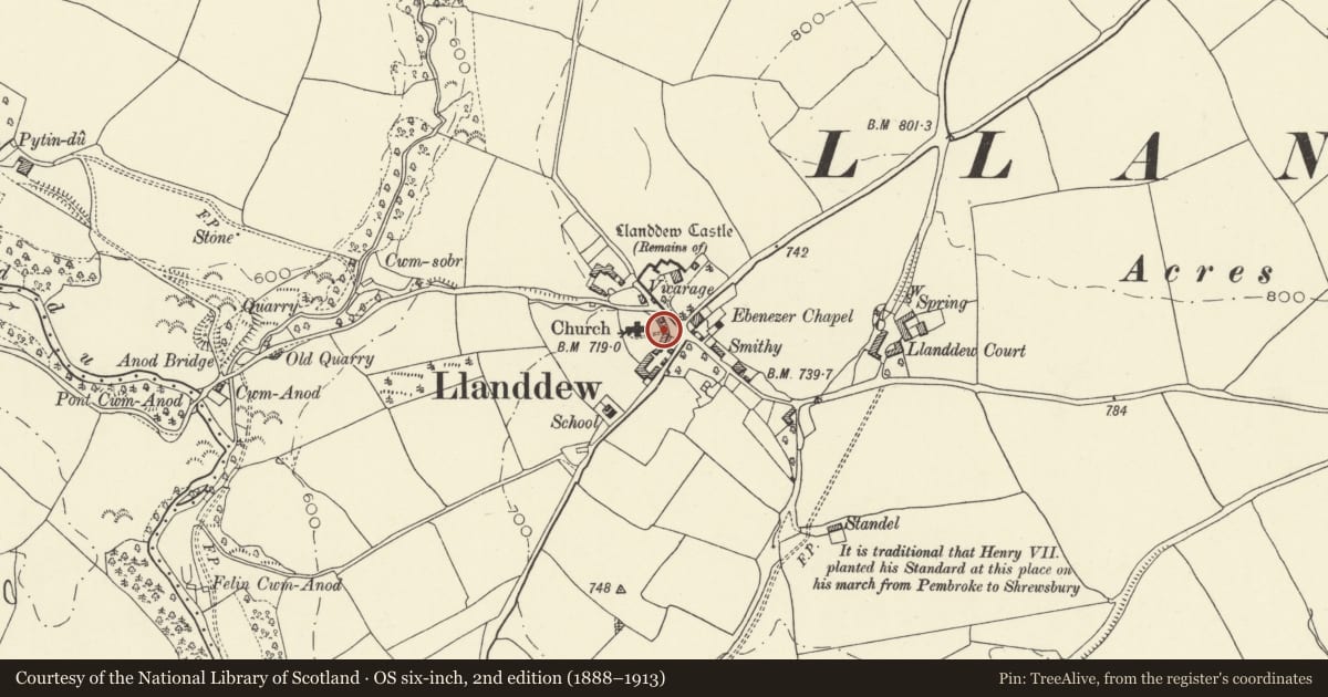 Ordnance Survey six-inch map, 2nd edition (1888–1913) covering the location of Lychgate to Church of St David, Llanddew, Powys, with a pin at the register's coordinates