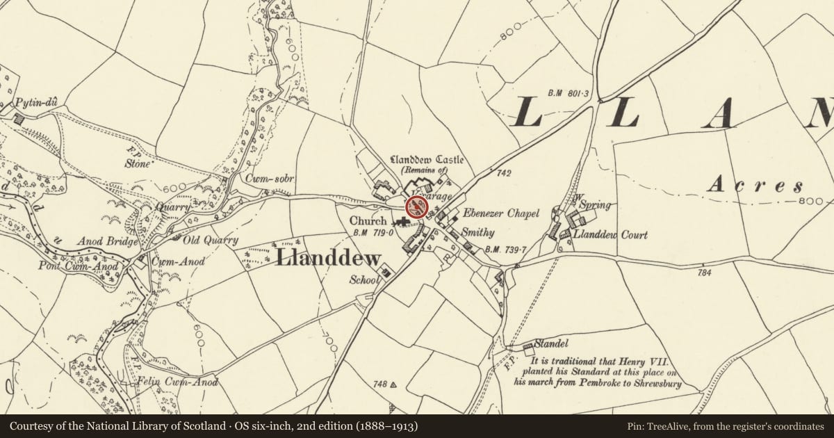 Ordnance Survey six-inch map, 2nd edition (1888–1913) covering the location of Retaining wall and two wells to SW of The Old Vicarage, Llanddew, Powys, with a pin at the register's coordinates