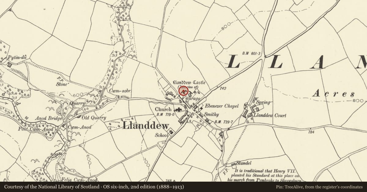 Ordnance Survey six-inch map, 2nd edition (1888–1913) covering the location of Ruins of Llanddew Castle, Powys, with a pin at the register's coordinates