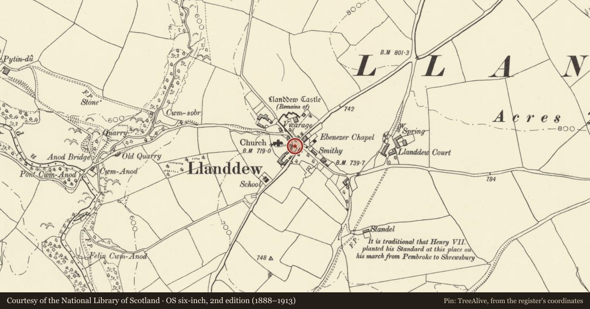 Ordnance Survey six-inch map, 2nd edition (1888–1913) covering the location of Telephone call-box in Llanddew (01874 622280), Powys, with a pin at the register's coordinates