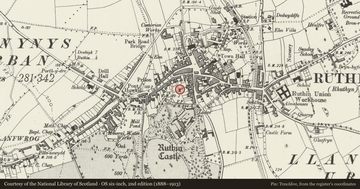 Ordnance Survey six-inch map, 2nd edition (1888–1913) covering the location of Gazebo to rear of Nantclwyd House, Ruthin, Denbighshire, with a pin at the register's coordinates