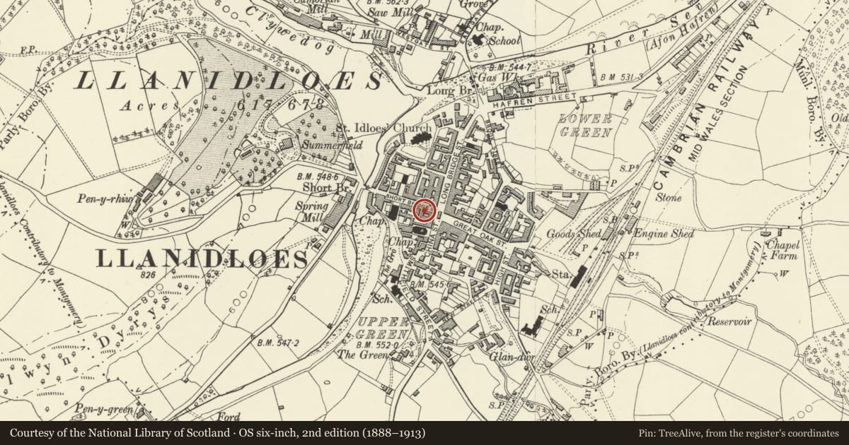 Ordnance Survey six-inch map, 2nd edition (1888–1913) covering the location of 2 Short Bridge Street, Llanidloes, Powys, with a pin at the register's coordinates