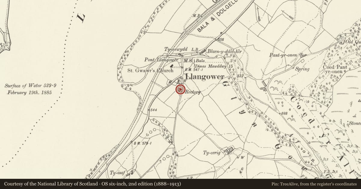 Ordnance Survey six-inch map, 2nd edition (1888–1913) covering the location of Plas Gywair, Llangywer, Gwynedd, with a pin at the register's coordinates