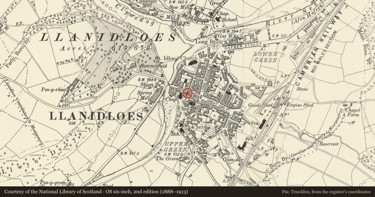 Ordnance Survey six-inch map, 2nd edition (1888–1913) covering the location of Royal Head P.H., Llanidloes, Powys, with a pin at the register's coordinates