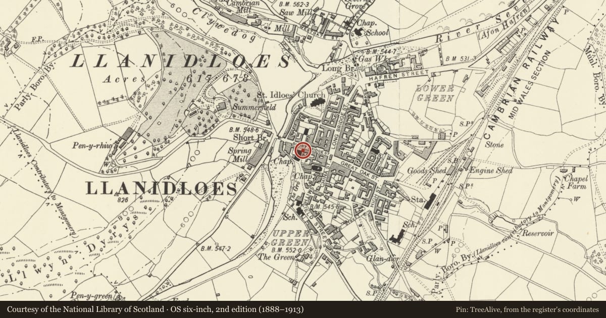 Ordnance Survey six-inch map, 2nd edition (1888–1913) covering the location of 9 Short Bridge Street, Llanidloes, Powys, with a pin at the register's coordinates
