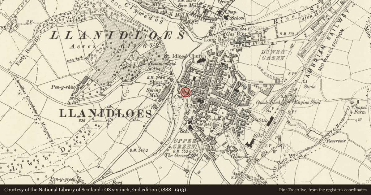 Ordnance Survey six-inch map, 2nd edition (1888–1913) covering the location of Chapel House, Llanidloes, Powys, with a pin at the register's coordinates