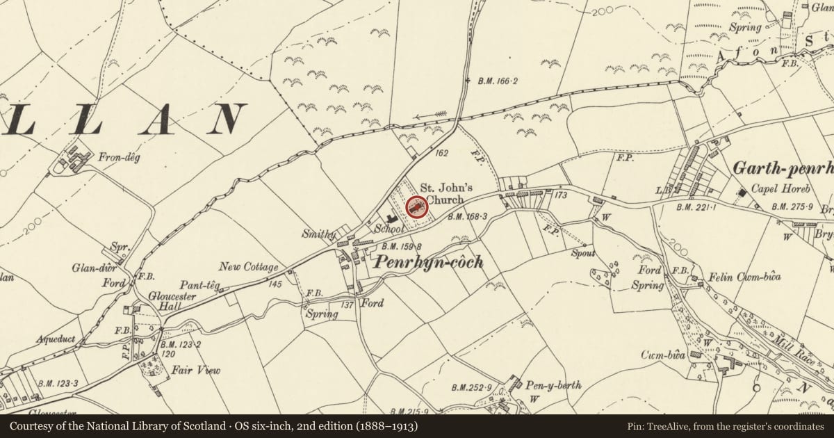 Ordnance Survey six-inch map, 2nd edition (1888–1913) covering the location of Church of Saint John the Divine, Trefeurig, Ceredigion, with a pin at the register's coordinates