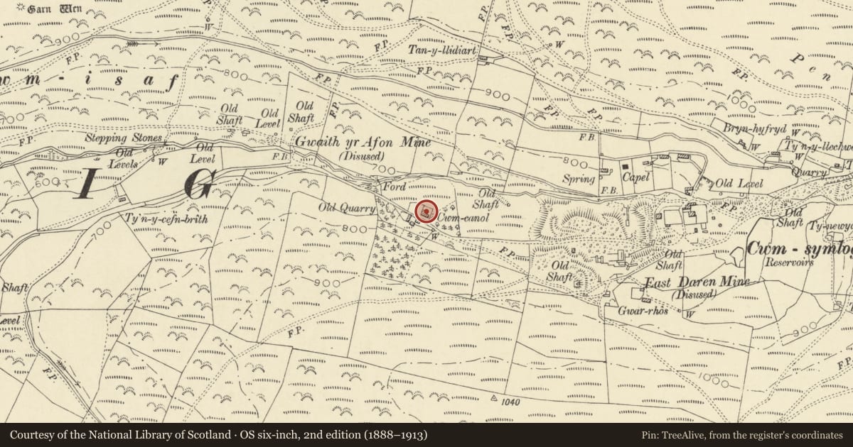 Ordnance Survey six-inch map, 2nd edition (1888–1913) covering the location of Cwm Canol, Trefeurig, Ceredigion, with a pin at the register's coordinates