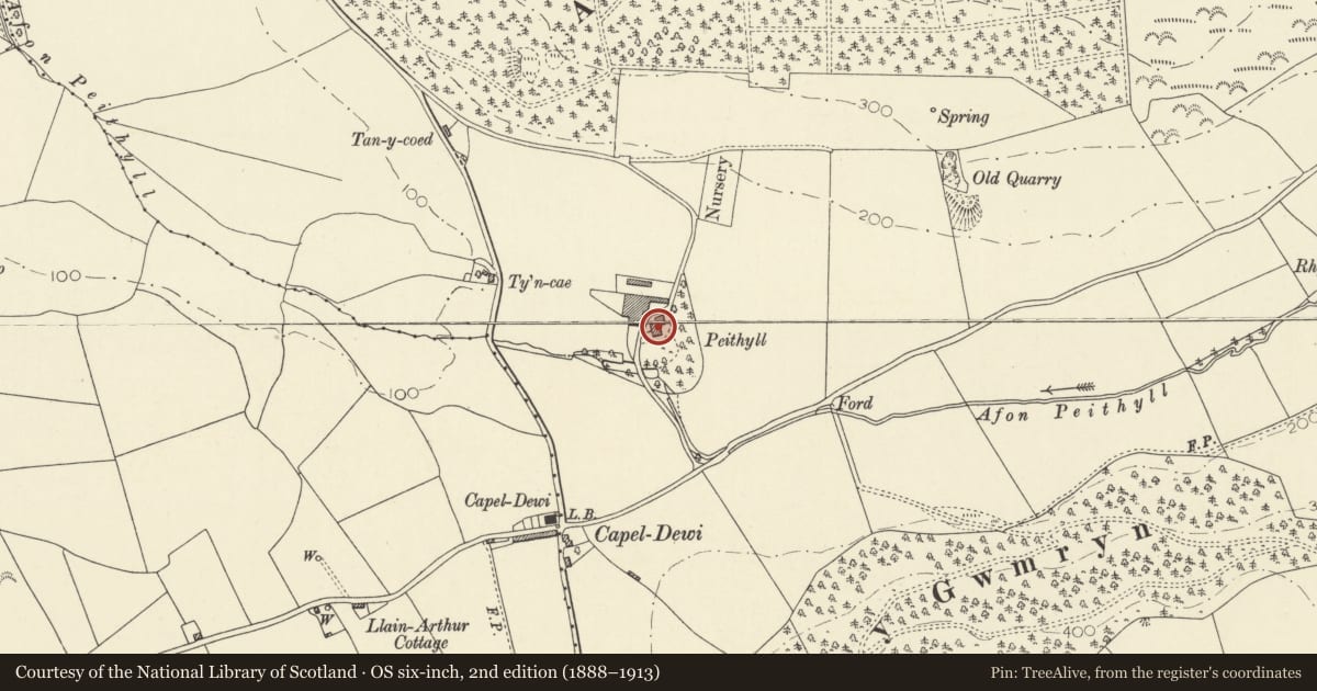 Ordnance Survey six-inch map, 2nd edition (1888–1913) covering the location of Peithyll, Trefeurig, Ceredigion, with a pin at the register's coordinates