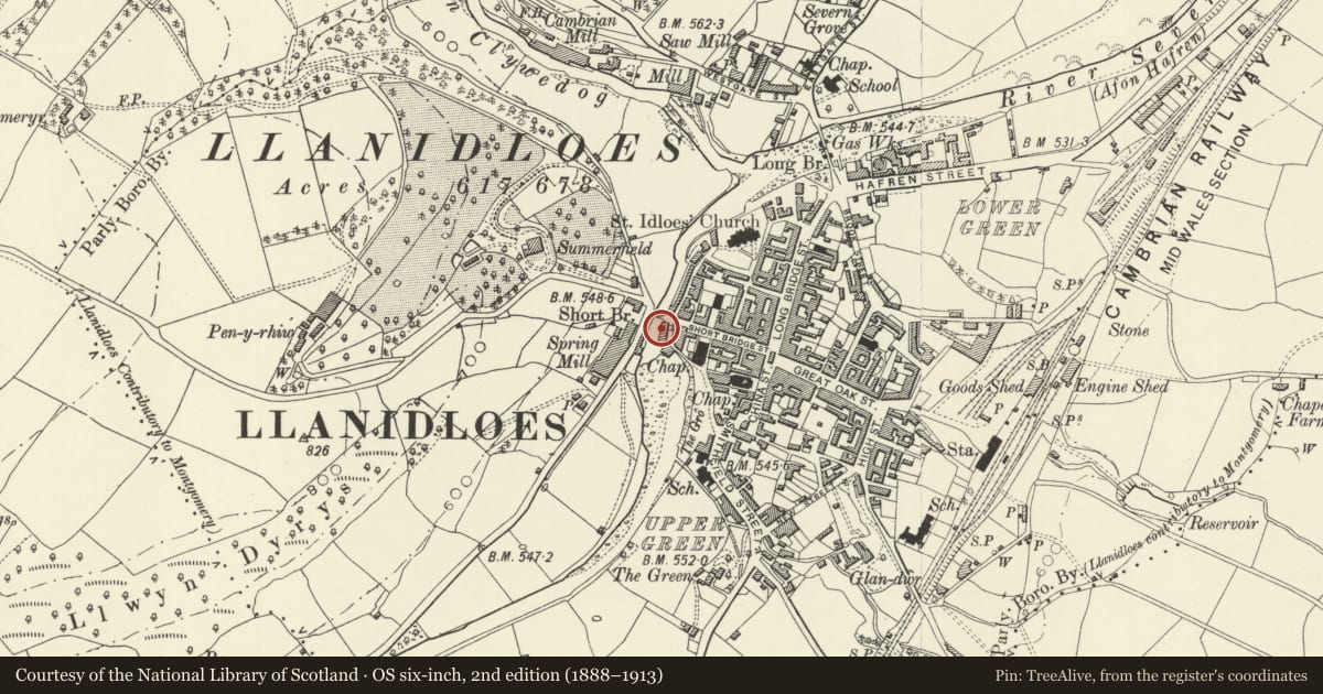 Ordnance Survey six-inch map, 2nd edition (1888–1913) covering the location of Former Flannel Mill, Llanidloes, Powys, with a pin at the register's coordinates