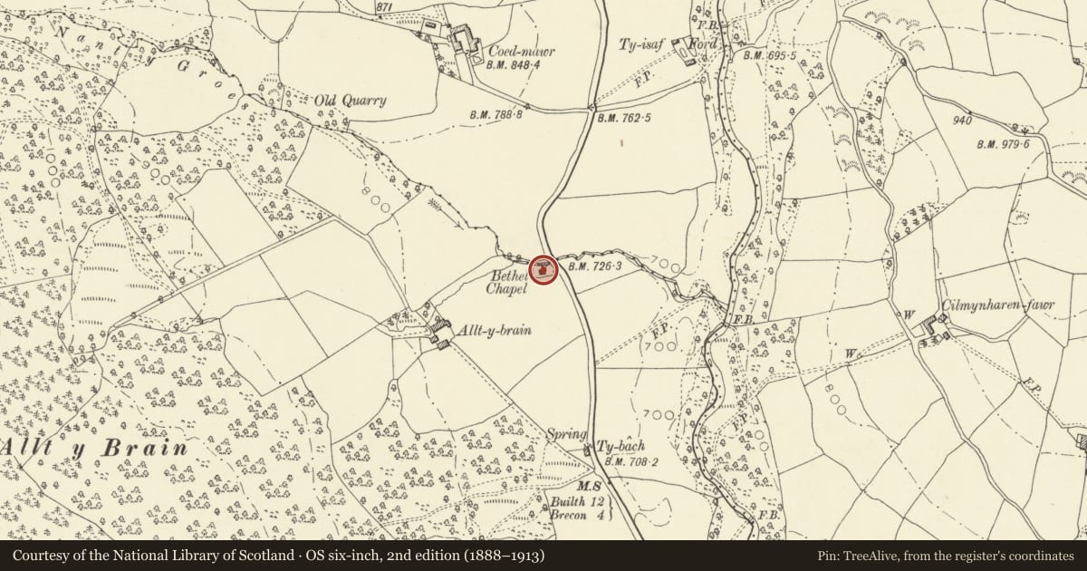 Ordnance Survey six-inch map, 2nd edition (1888–1913) covering the location of Bethel Baptist Chapel, Honddu Isaf, Powys, with a pin at the register's coordinates
