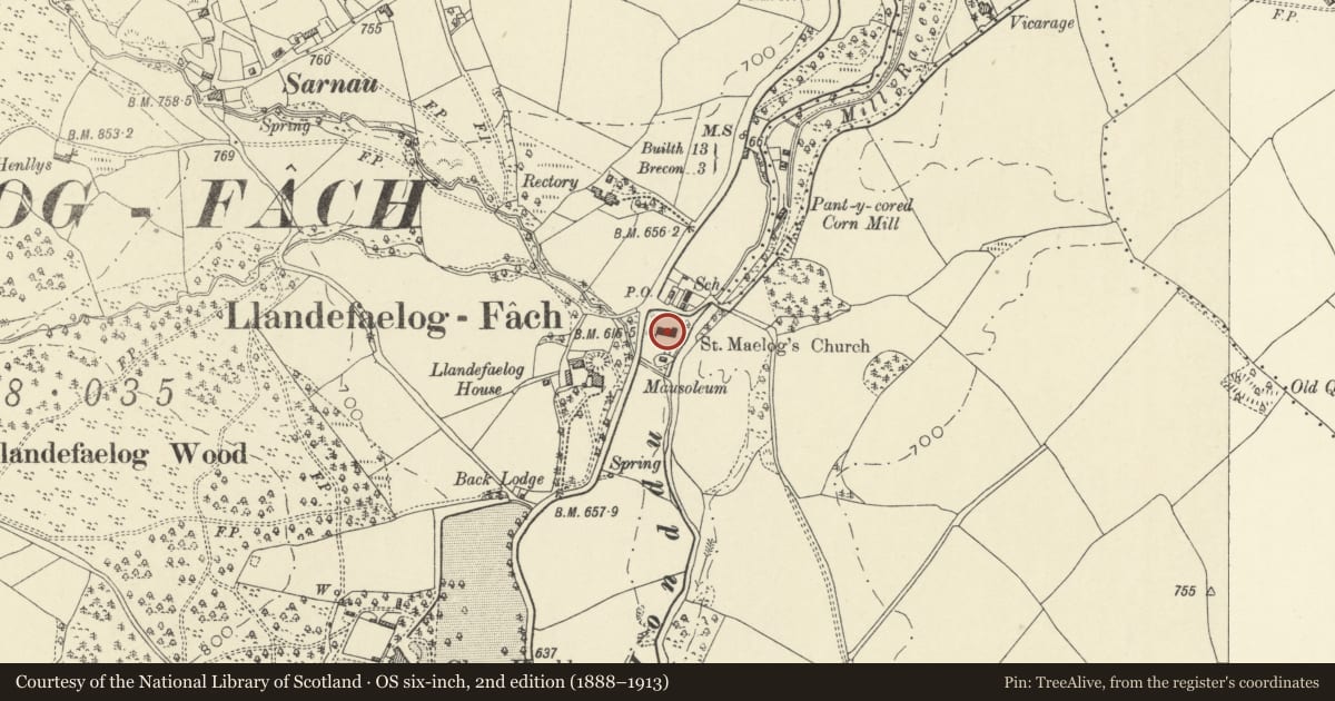 Ordnance Survey six-inch map, 2nd edition (1888–1913) covering the location of Church of Saint Maelog, Honddu Isaf, Powys, with a pin at the register's coordinates